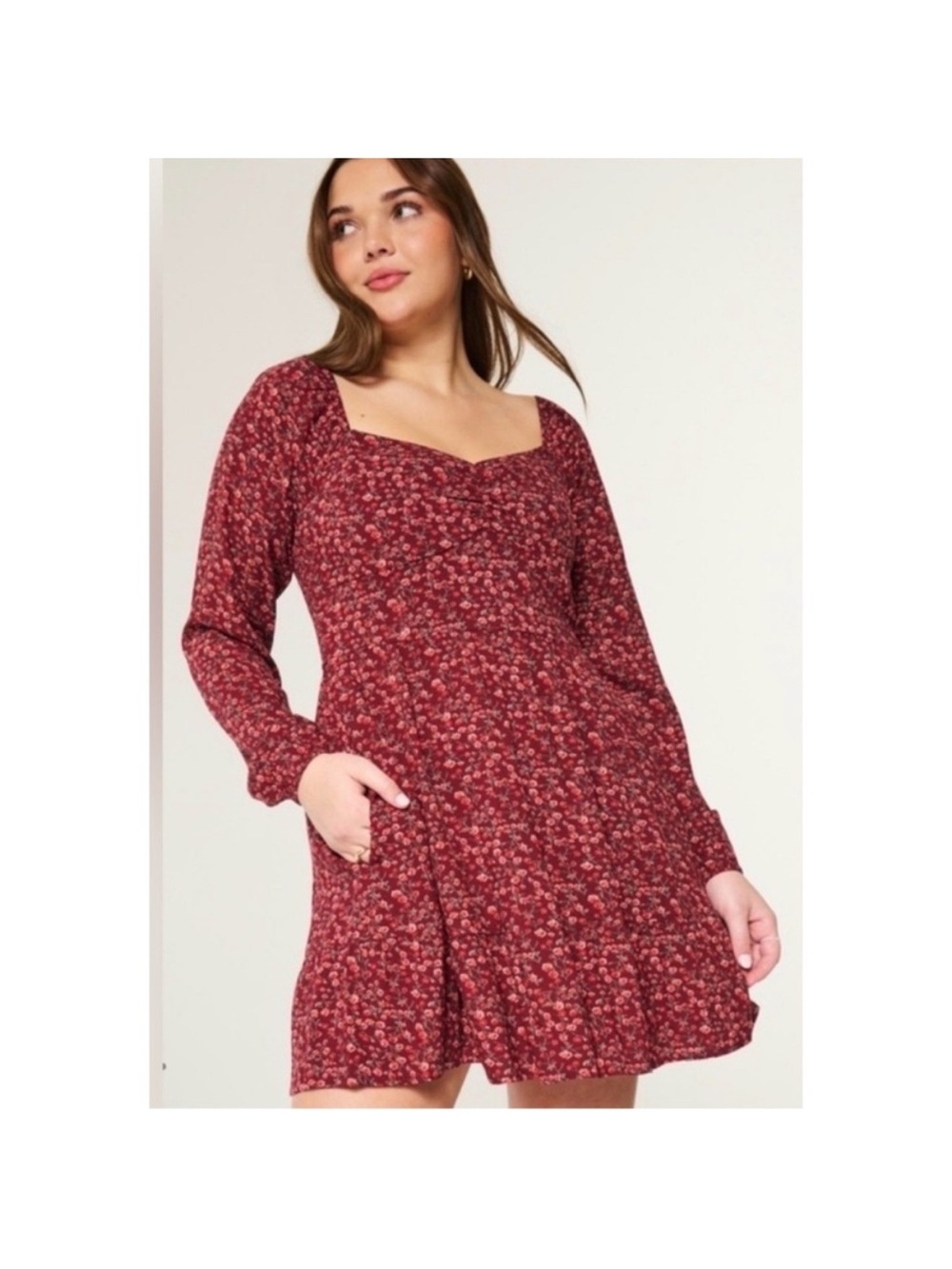 Hollister Red Floral Square-Neck Long Sleeve Mini Dress